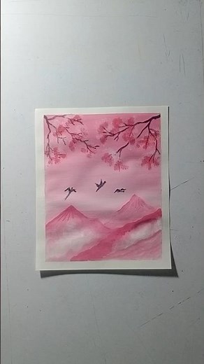 Pink Sakura Mountains Painting | Easy Watercolor Landscape