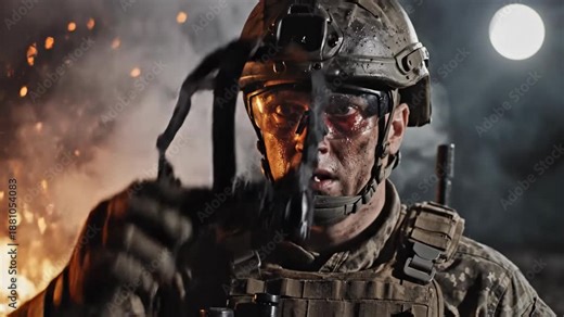 Soldier adjusting night vision goggles during intense night operation. Closeup portrait of man in tactical helmet amid fire and smoke. Military readiness and combat preparation concept.