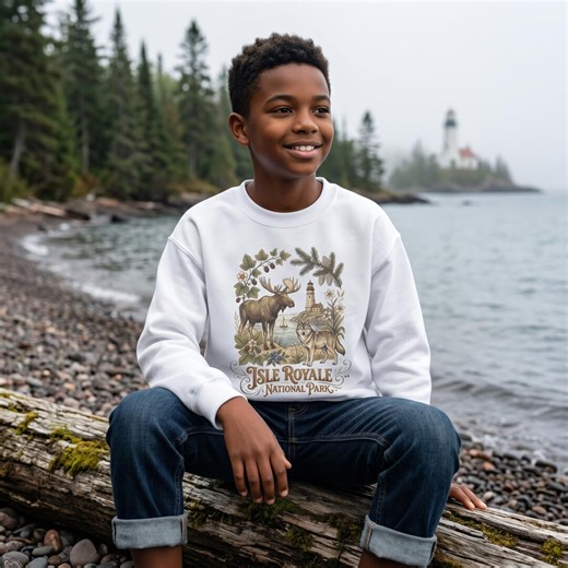 Isle Royale National Park Kids Crewneck | Moose & Wolf Lake Superior Youth Sweatshirt - Etsy