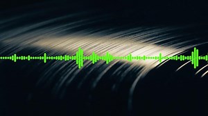 Download Waveform sound equalizer moving seamlessly in front of vinyl plate. Sound or music visualization, green screen audio spectrum for free