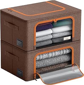 Sorbus® Storage Bins Boxes, Foldable Stackable Container Organizer Basket Set with Large Clear Window & Carry Handles, for Bedding, Linen, Clothes (Brown)