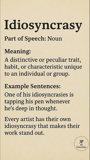 Idiosyncrasy (/ˌɪd.i.əˈsɪŋ.krə.si/) (Noun): A distinctive or peculiar trait, habit, or...