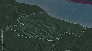 Abruzzo, region with its capital, zoomed and extruded on the administrative map of Italy in the conformal Stereographic projection. Animation 3D