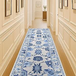 Fame Living Navy Blue Oushak Runner Rug, Modern Runners, Turkish, Eclectic, Floral, Pastel, Washable, Small Rugs, Short Runner for Hallway, Entryway, Laundry, Bedroom, Kitchen, Bathroom, 2'5"x6'5"