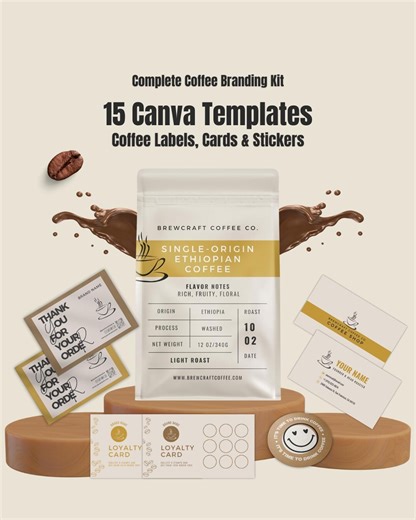 Coffee Bag Label Template – Editable Canva Coffee Pouch Labels, Minimal Gold Kit With Stickers, Loyalty & Business Cards, Coffee Packaging - Etsy