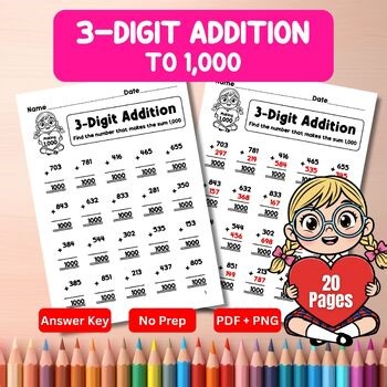 Valentine 3-Digit Addition to 1,000 Worksheets | No Prep Math Practice