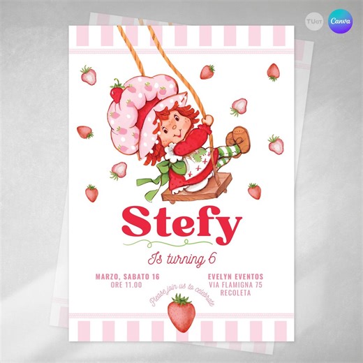 Strawberry Shortcake Party Invitation, Editable Canva Invitations, Strawberry Invitations, Strawberry Shortcake - Etsy