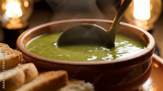 Ladle scooping green soup from a clay bowl with slices of bread beside it, warm lighting creating a cozy atmosphere in a rustic kitchen setting