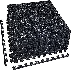 AIRHOP 0.79in Thick 48 Sq Ft Exercise Equipment Mats, 12 Tiles Upgraded Rubber Top with High Density EVA Foam, Large Interlocking Puzzle Gym Flooring for Home Gym, Heavy Weight Workout,Black & Blue