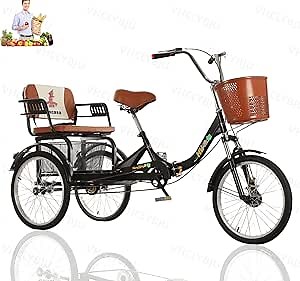 Folding Adult Tricycle with Child Seat 3 Wheel Bike for Ladies Basket Tricycle with Back Seat 20 Inch Bicycles Max Load 440LB Adult-Unisex