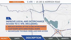 While currently unfunded, CDOT is proposing to reconstruct C-470 at the US 285 and Morrison Road interchange by replacing several loop ramps with directional ramps, adding lanes and more. To learn more, check out the video or the project fact sheet - codot.page.link/C470_285MorrisonRd This project is part of CDOT's 10-year development plan that can be implemented as funding becomes available. #TransportationMatters #TogetherWeGo | Colorado Department of Transportation