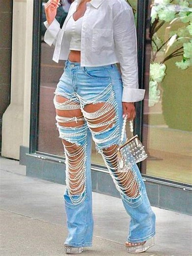 Women's Wide Leg Jeans Denim High Waist Pearls Chain Cut Out Ripped Jeans Y2K Streetwear For Daily Casual/Going Out,Summer Vacation/Beach,Night Out/Club/Party,Easter,Cinco De Mayo Outfit. | SHEIN
