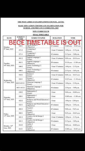 BECE Timetable Release for 2025 Academic Year