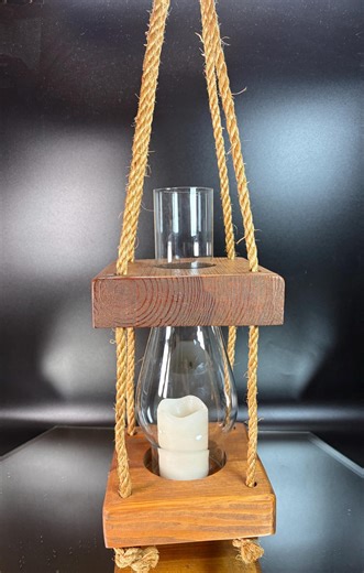 Rope & Wood Block Hanging Hurricane Shade Candle Holder W/ Electric Wax Candle - Etsy