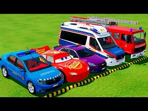 DACIA, MCQUEEN CAR سيارة ماكوين FORD POLICE CARS, AMBULANCE EMERGENCY TRANSPORTING WITH TRUCKS! #7