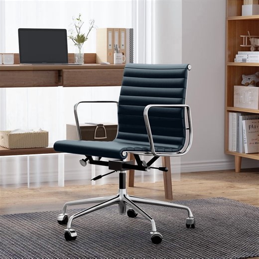 Cottinch Ribbed Office Chair Mid Back Genuine Leather Ergonomic Desk Chair with Arms, Adjustable Height Executive Conference Task Chair Swivel Chair for Home Office, White