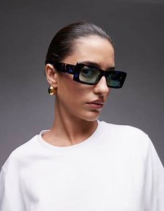 Topshop – Zanzibar – Hochwertige, rechteckige Sonnenbrille aus Acetat in Blau mit Schildpatt-Muster | ASOS