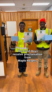 Thank you to Maple Heights Councilpersons Edwina Agee, Dana D. Anderson, Tanglyn Madden, Stafford Shennett, and Tina Stafford-Marbury for honoring the boys tonight and making them feel truly appreciated. The Trash Boys began their efforts in Garfield Heights over a year ago, helping clean the community. One day, they saw a senior struggling to pull her trash bin to the curb and stepped in, which sparked their curbside trash services that later expanded into Maple Heights, Cleveland, and many oth