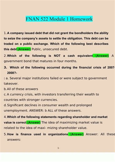 FNAN 522 Module 1 Homework Questions Answers2022 Verified Answers5243