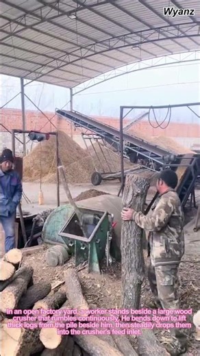 Wood Crushing 🪵⚙️: Worker Feeds Logs into Crusher for Sawdust