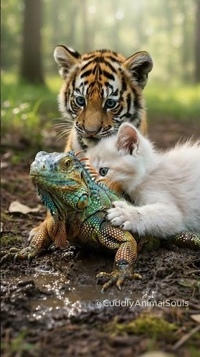 Kitten and Baby Tiger Welcome a Iguana as Their New Friend 🐱🐯🦎❤️