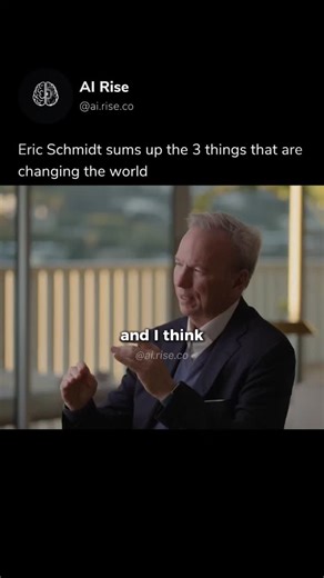 AI Rise on Instagram: "Schmidt says we are in a transformative moment where three key technologies-large-context AI models (processing huge data windows), autonomous AI agents and text-to-action systems, will change how work, creativity and business operate. He argues these shifts are as significant as the invention of electricity because they affect not just products, but entire economic systems. He emphasises that companies and individuals must adapt quickly, because legacy infrastructure, job