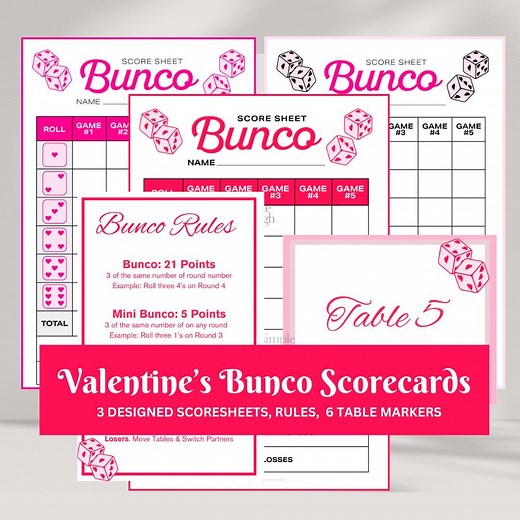 Valentines Bunco Pack | Galentines Bunco | Valentines Bunco Bundle | Bunco Score Cards Rules Table Cards | Red Pink Heart Bunco Pack - Etsy