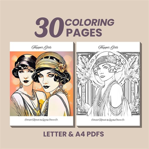 1920s Flapper Coloring Pages Printable Art Deco Stained Glass Coloring Book Jazz Age Women Retro Coloring Adult Relaxation PDF Download