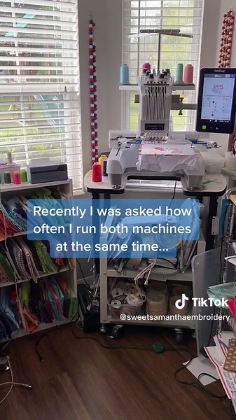 My two girls! I have a brother 6 needle (the PR670e) and a brother 10 needle (the PR 1055X) - and yes, several kids running around too 😂. I started my business with a single needle machine, until i grew past the hobby business stage and became part time. Then i moved to my first multi-needle and became full time and then added a second machine! Maybe one day i’ll add a third but i think i needle more space first 😂 #mytwogirlstogether #embroiderymachines #embroideryfun #workineveryday