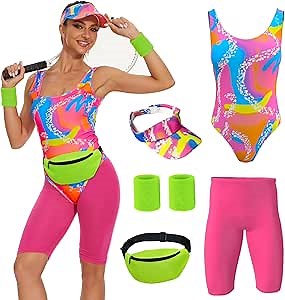 80s Workout Costume for Women Halloween Cosplay Couples Outfits Swimwear Suit 80s 90s Workout Costume Outfit 5Pcs Set (Small) Pink