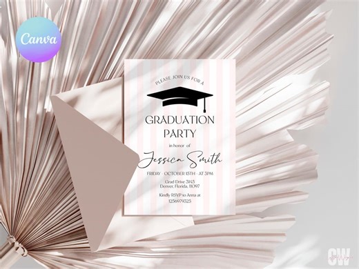 Minimalist Graduation Party Invitation – Pink Stripe Tassel Theme (editable Canva Template) - Etsy