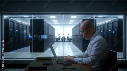 Technician Performing System Diagnostics, Data Center Technician Manages Server Operations Carefully