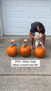 10M views · 196K reactions | Triplet Dad takes trend to Next Level! 藍 He made it a family activity! The last pumpkin video of the year! That is definitely a picture they will never forget. We all know a Dad that would do something silly like these while the Mom watches and laughs. We hope you enjoyed this funny moment. | Jordan Flom | Facebook