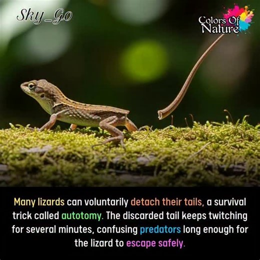Sky_Go on Instagram: "Many #lizards have a surprising trick: they can let go of their own #tail on purpose. This action has a name, autotomy, but it just means the lizard #drops its tail when it feels danger. If a predator grabs the tail or comes too close, the lizard releases it and runs away. Letting go of a tail is a choice the lizard makes to save its life. After the tail is dropped, it does something strange — it keeps moving and twitching for several minutes. Those jerks and wiggles catch