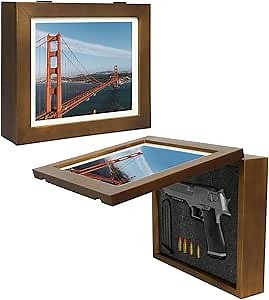 Medikaison Hidden Handgun Gun Picture Frame Wooden Concealment Pistols Wall Decor Safe Case Storage Box for Home Secret Valuables with Magnetic Door Indoor Gun Rack Shelf