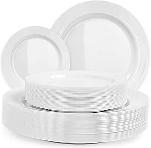Aya's 120 Pack White Plastic Plates for Party - Round, Heavy Duty, Disposable Plate Set, 60 Each of 10" Dinner and 7.5" Salad Dessert Plates - Ideal for Weddings, Holidays, and Special Events