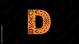 Letter D. 4K, Transparent Alpha channel. Cartoon Animation, Shake twitch effect. Ethnic ornament, national folk pattern in letter. 3 colors. Capital Letter D for ABC education, erudition, game.