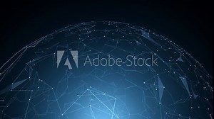 Fantasy rotation of network globe with view from space and flare of light. Sphere rotating with moving lines, dots and triangles.