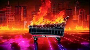 Shopping cart on fire neon sign. Shopping, discount, offer, sale, supermarket. Hot sale concept. illustration in neon city style for shop advertising, online shop, web app 4k video fire flames