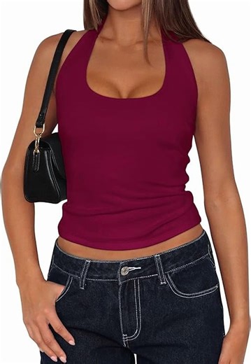 PRETTYGARDEN Women's Summer Halter Tank Tops Y2K Sleeveless Slim Fitted Backless Shirts Going Out Spring Workout Clothes