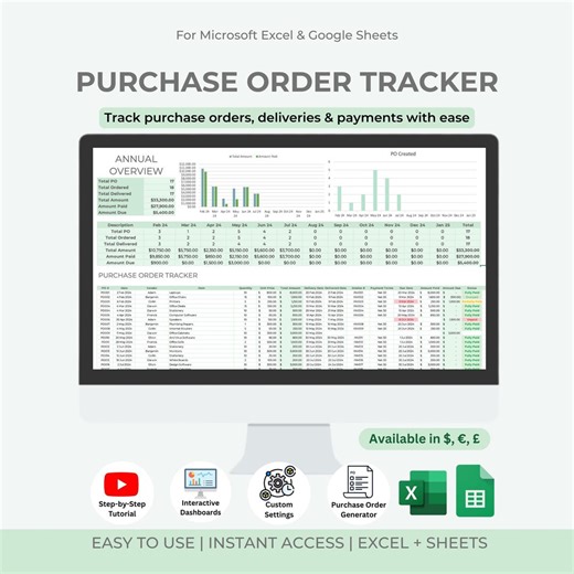 Purchase Order Tracker Spreadsheet | Excel & Google Sheets (digital Download) - Etsy