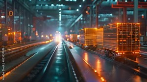 A cargo train with container cars travels through a futuristic digital landscape. Concept for supply chain management and logistics in international trade and transportation.