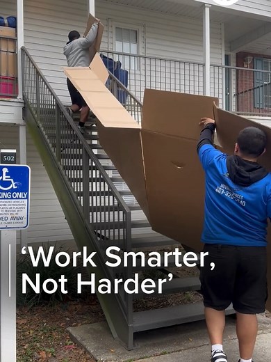 Movers demonstrated an innovative hack while working at a residence in Ocala, Florida, footage posted to TikTok shows. The video, shared by NextGen Relocation, a moving company based of central Florida, shows two men using cardboard to turn a staircase into a ramp in order to easily slide boxes and other items downstairs.