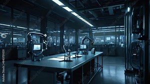 Video a laboratory with a large central table with a computer and scientific equipment on it. There are several other computers and machines in the lab, as well as a large window.