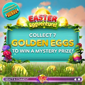 Join our EGGcellent 🐰 Easter egg hunt - play the EASTER EGGVENTURE🐣! Collect 7 GOLDEN EGGS and win a mystery PRIZE 💰! It's EGGactly the amazing FUN 🎊 YOU need! https://popslots.casino/2InCOdG | Pop Slots Casino