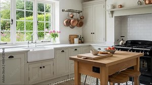 Bright country kitchen with sunlight filtering through window showcasing rustic decor and copper accents