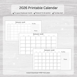 2026 Printable Calendar | Monthly Planner Pages | 3 Layouts per Month | Minimal Calendar | Notes & To-do - Etsy UK