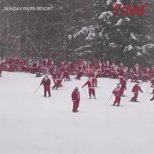 705K views · 10K reactions | About 300 Santa lookalikes took part in the 19th annual Santa Sunday in Newry, Maine, on Sunday. Participants hit the slopes dressed up like St. Nick, skiing and snowboarding to support local education and recreation programs. | TIME | Facebook