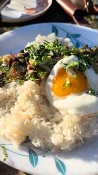 Outdoor Cooking Feast: Roasted Chicken Hearts with Veggies, Rice & Poached Egg