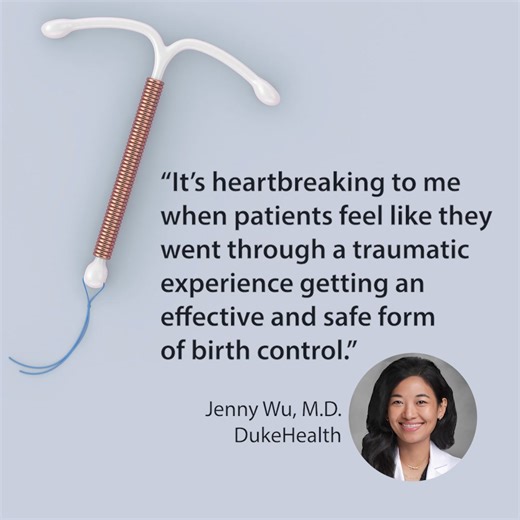 2.6K views · 3 comments | Duke researchers find that a quick question about social media use can help counsel women concerned about pain when choosing birth control. Duke Health OB-GYN resident Dr. Jenny Wu led a study finding out how patients are researching choices on platforms like TikTok. See more coverage in the comments below. #dukeobgyn | #birthcontrol | #iud | Duke Health | Facebook